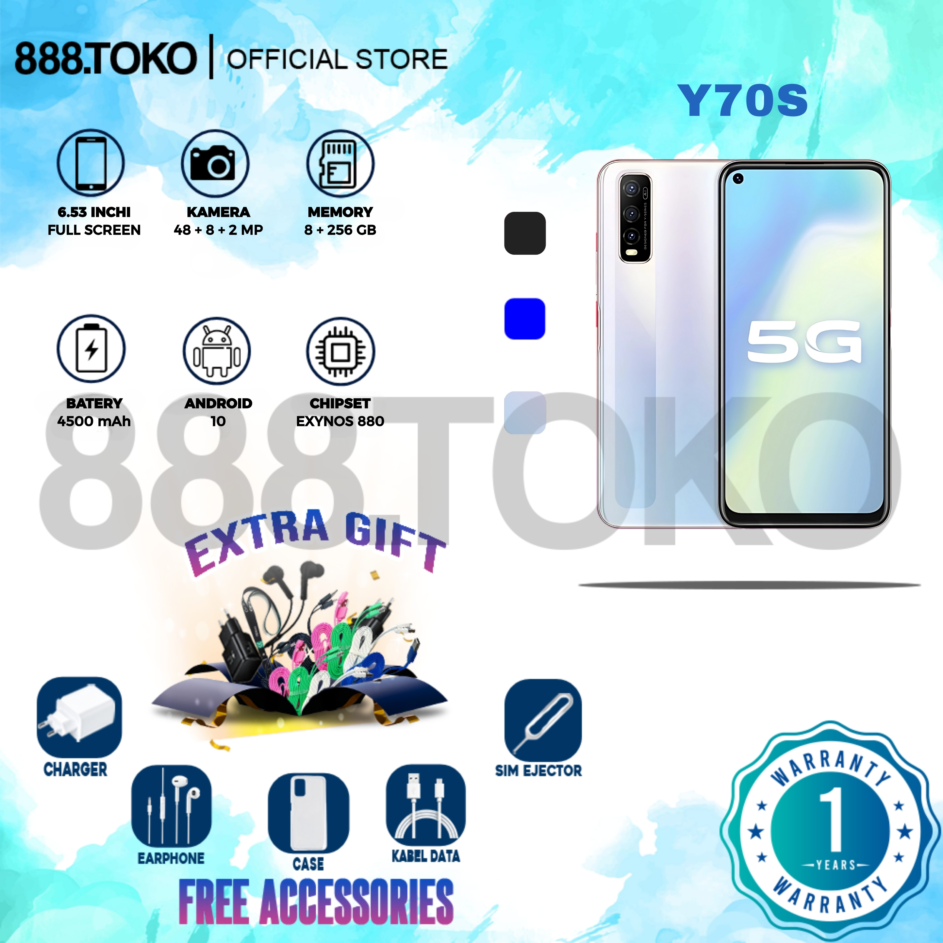 Vivo Y70S Ram 8/256Gb 5g Let 6.53 Inch 48Mp+16Mp Smartphone Dual Sim Mobile Phone Store Warranty Harga 1,799,400 rupiah*Gratis Ongkir