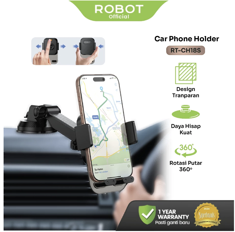 ROBOT Car Holder Mobil Transparant Car Holder Mobil Car Holder Tempel Dashboard Kuat Design Rotasi 360 Derajat Suction Cup Phone Holder Mobil Penyangga HP Mobil RT-CH18S Original - Garansi 1 Tahun Harga 91,999 rupiah*Gratis Ongkir