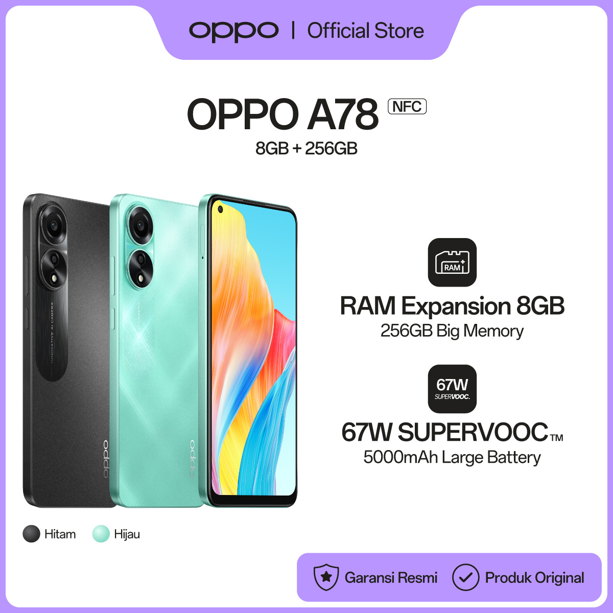 Oppo A78 4g 8Gb+8Gb/256Gb [90Hz Amoled Fhd+, 5000Mah Battery, 67W Supervooc Fast Charging] Harga 2,474,000 rupiah*Gratis Ongkir
