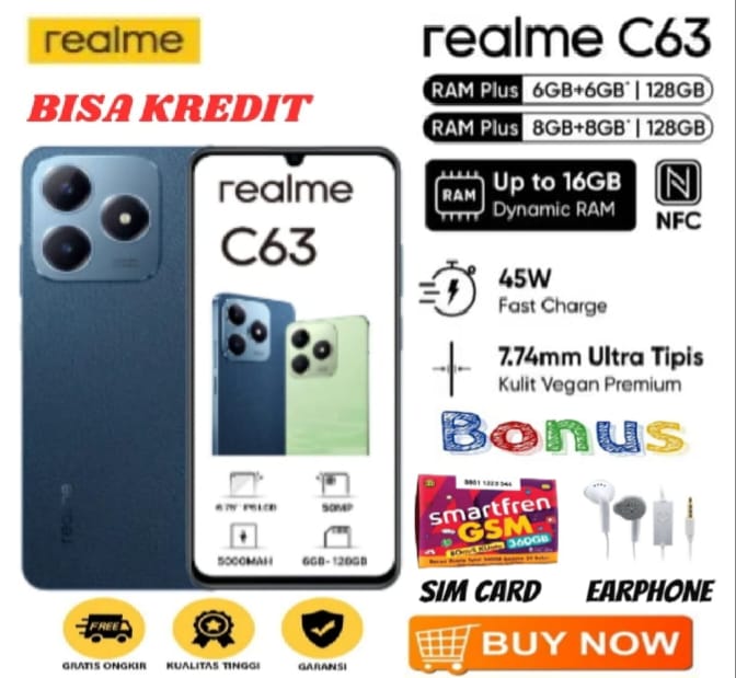 [ Best Seller ] Bisa Kredit Hp Realme C63 NFC RAM 8/128GB & 6/128GB | 45W Fast Charging 5000 mAh | Garansi | FULLSET Harga 1,900,000 rupiah*Gratis Ongkir
