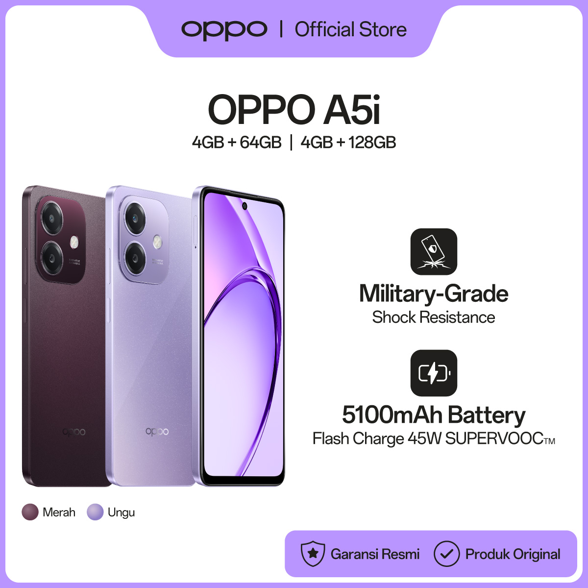 Oppo A5I 4/64Gb | 4/128Gb [Military Grade Shock Resistance, 5100 Mah 45W Supervooc Battery] Harga 1,699,000 rupiah*Gratis Ongkir
