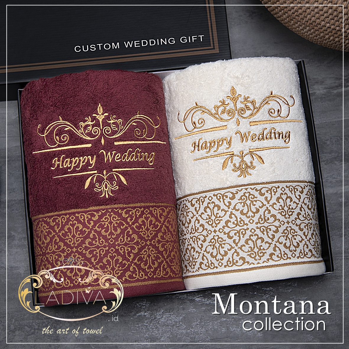 Luxury Couple hadiah box Set - Handuk Premium MONTANA Couple Series with CUSTOM BORDIR +Exclusive BOX+…