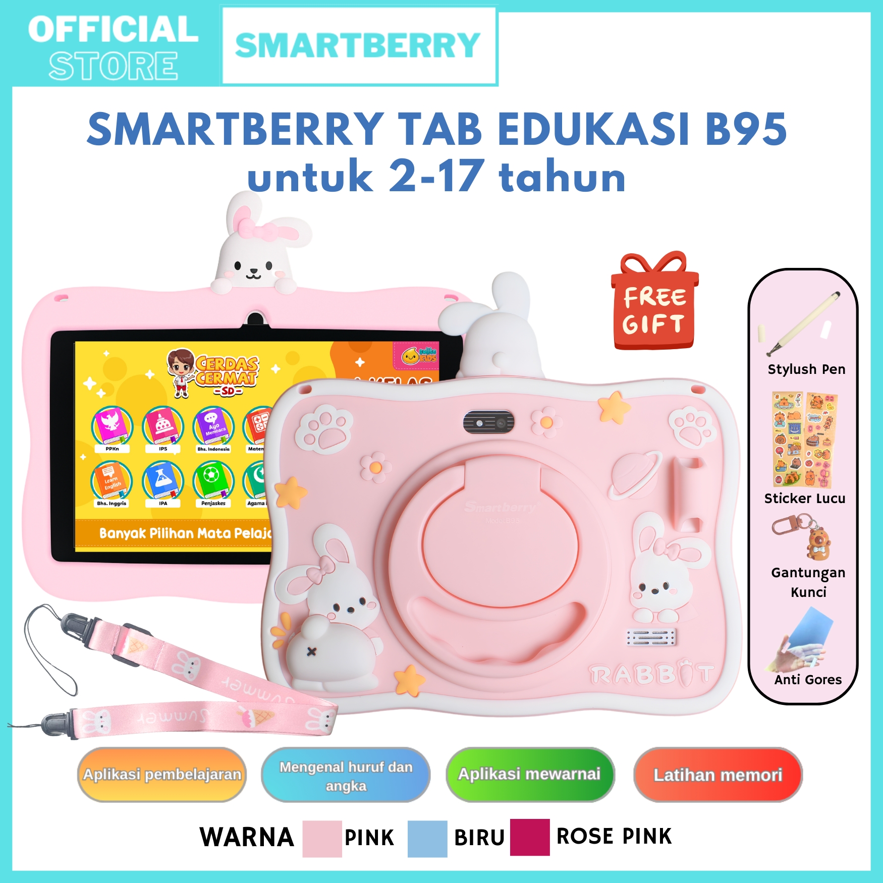 Smartberry Kids Study Tab B95 - Android Children's Tablet 4/128Gb 7 Inch 2 Cameras Bluetooth Wifi Clear Screen Safe for Studying and Playing Harga 799,999 rupiah*Gratis Ongkir
