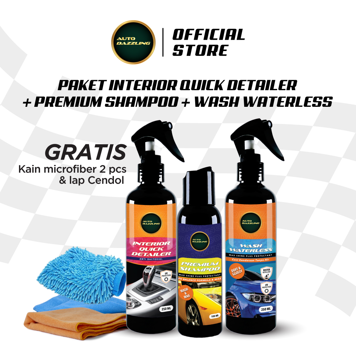 Auto Dazzling Bundling Paket Interior Cleaner dengan Waterless Shmapoo Premium PEMBERSIH DASHBOARD DOORTRIM PLAFON Harga 90,000 rupiah*Gratis Ongkir
