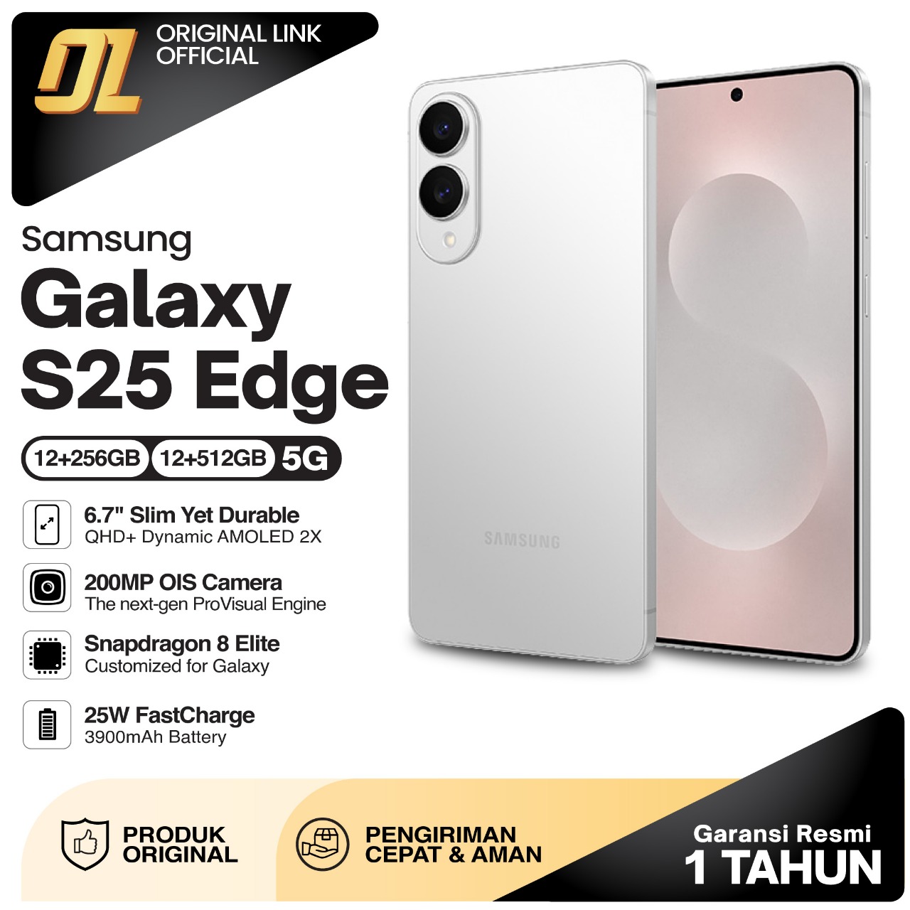 Samsung Galaxy S25 Edge 5G Smartphone Snapdragon 8 Elite & OneUI 7 - 6.7 Inci AMOLED 2K, Dual 20MP OIS & 12MP Frontal Camera, 12/512GB Internal Storage, Garansi Resmi Harga 19,499,000 rupiah*Gratis Ongkir