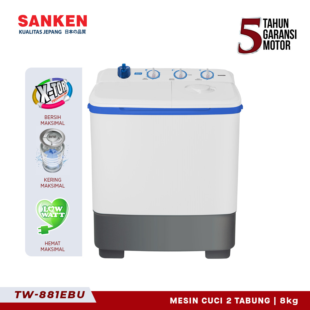 SANKEN Mesin Cuci Dua Tabung / Semi Auto 8 Kg TW-880 EBU (Blue) Harga  1,439,000 rupiah*Gratis Ongkir