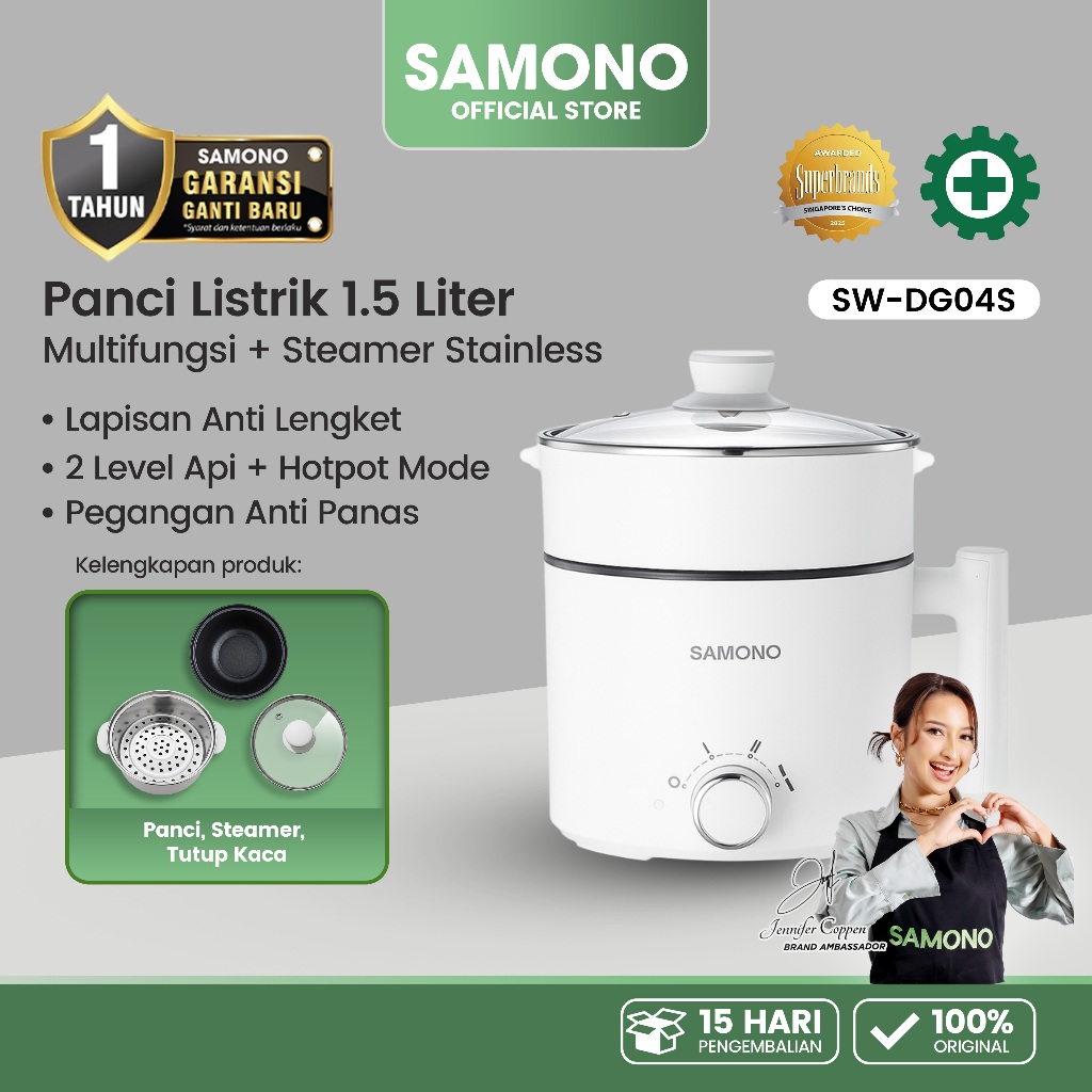 [Best Seller] Samono 1.5L Multi Cooker Electric Pot with Glass Lid Steamer 150 Watt Sw-Dg04S New Replacement Guarantee Harga 116,999 rupiah*Gratis Ongkir