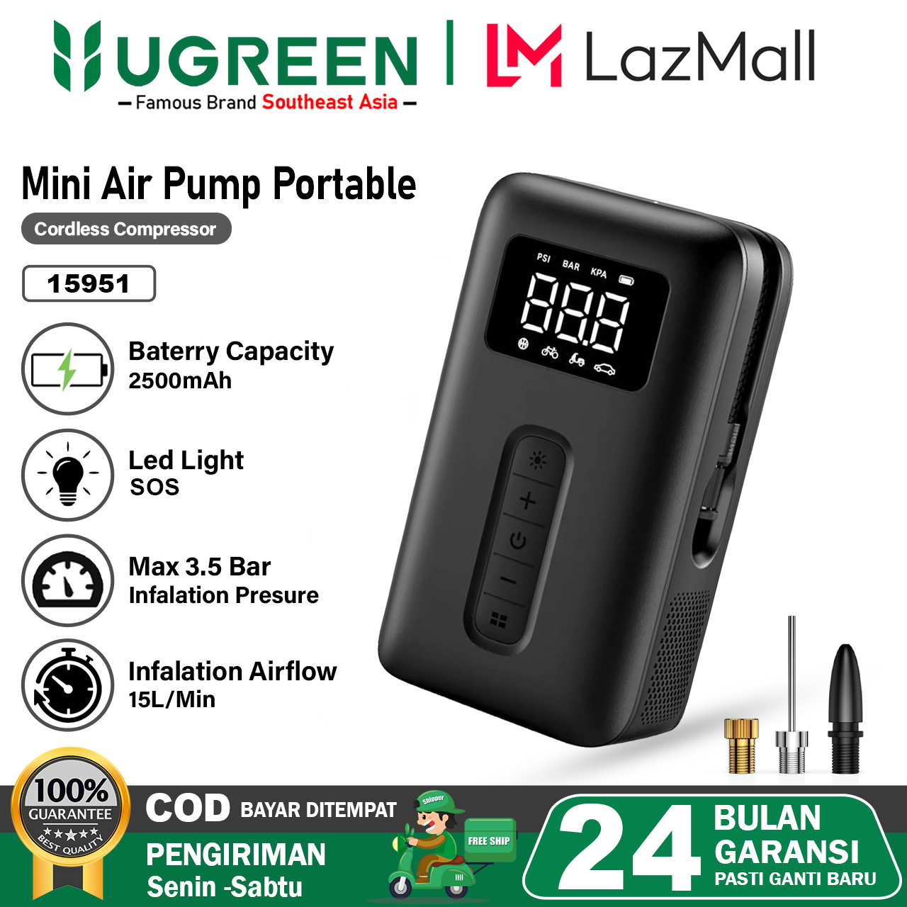 UGREEN Air Pump Inflator Electric Portable Pompa Ban Mobil Sepeda Bola Harga 608,000 rupiah*Gratis Ongkir