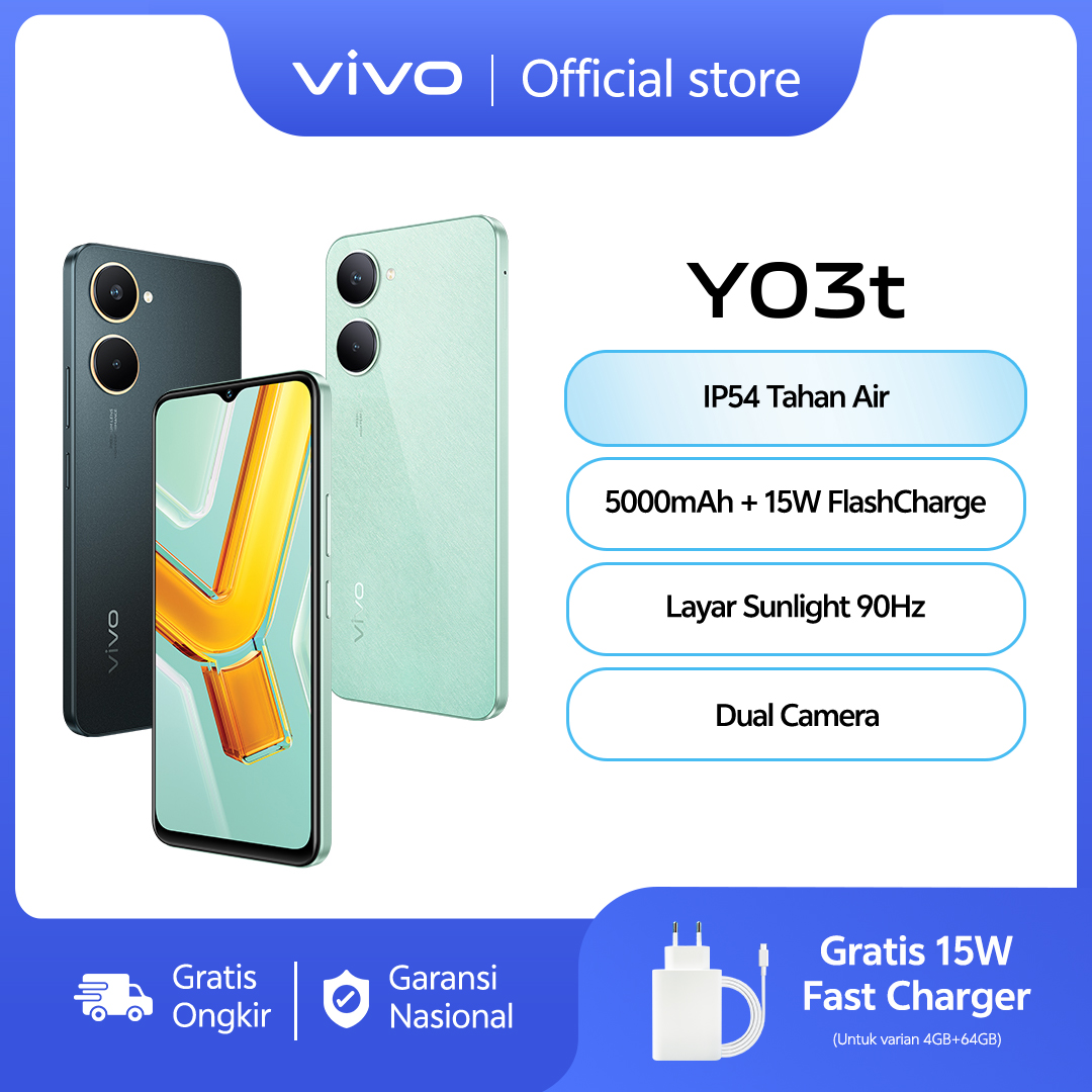 vivo Y03t - IP54 Tahan Air, AI Dual Camera 5000mAh + 15W FlashCharge, Layar Sunlight 90Hz Harga  1,299,000 Ringgit*Penghantaran Percuma