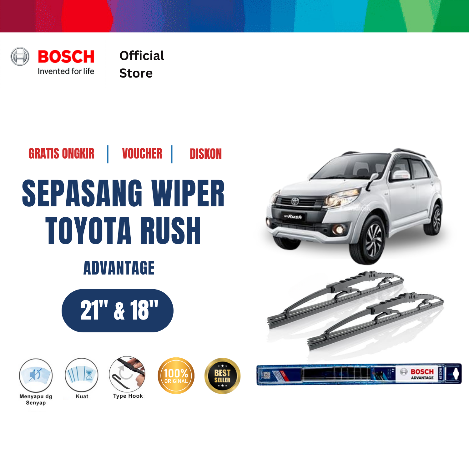 Bosch Sepasang Wiper Kaca Mobil Toyota Rush 2006 on Advantage 21 dan 18 inchi Harga 129,200 rupiah*Gratis Ongkir