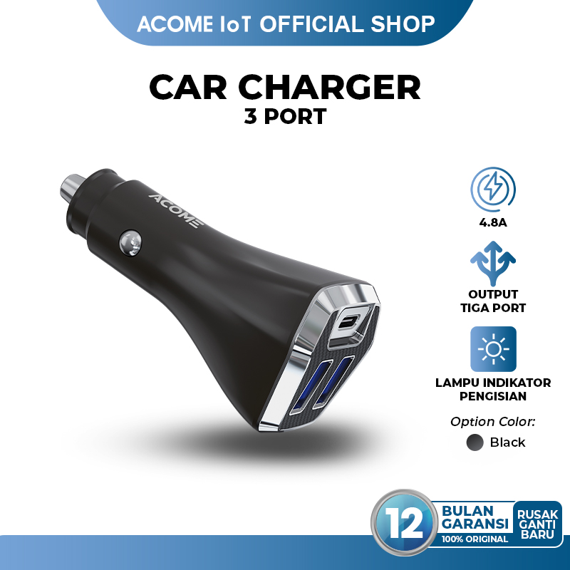 ACOME Car Charger ACC07 Dual Port USB-A USB-C 4.8A QC3.0 Colokan Mobil Support Fast Charging Device Black Original - Garansi 1 Tahun Harga 48,900 rupiah*Gratis Ongkir