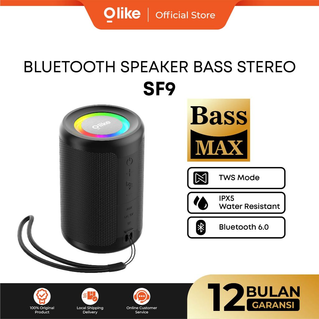 Olike speaker Bluetooth SF9 with LED light HD audio stereo bass Max | IPX5 water resistant | 8 jam playtime | Bluetooth 6.0 Harga 94,500 rupiah*Gratis Ongkir