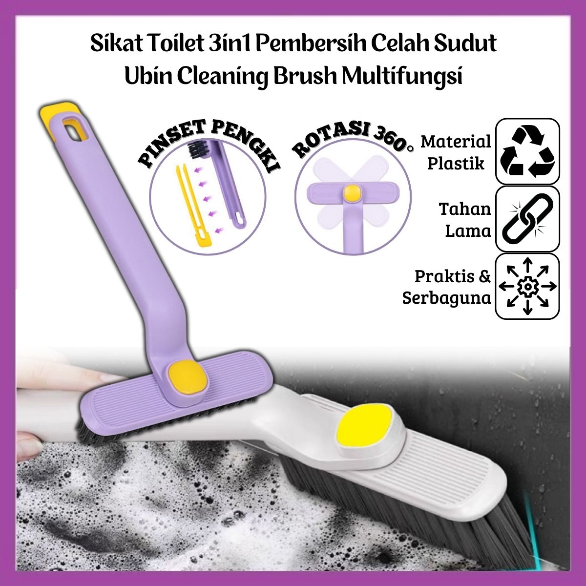 Sikat Toilet 3in1 Model V Pembersih Wastafel Lantai Portable Gagang Ergonomis Berputar 360° Pengangkat Kotoran Celah Sudut Ubin Kamar Mandi Jendela Serbaguna - FR GALLERY Harga 5,785 rupiah*Gratis Ongkir