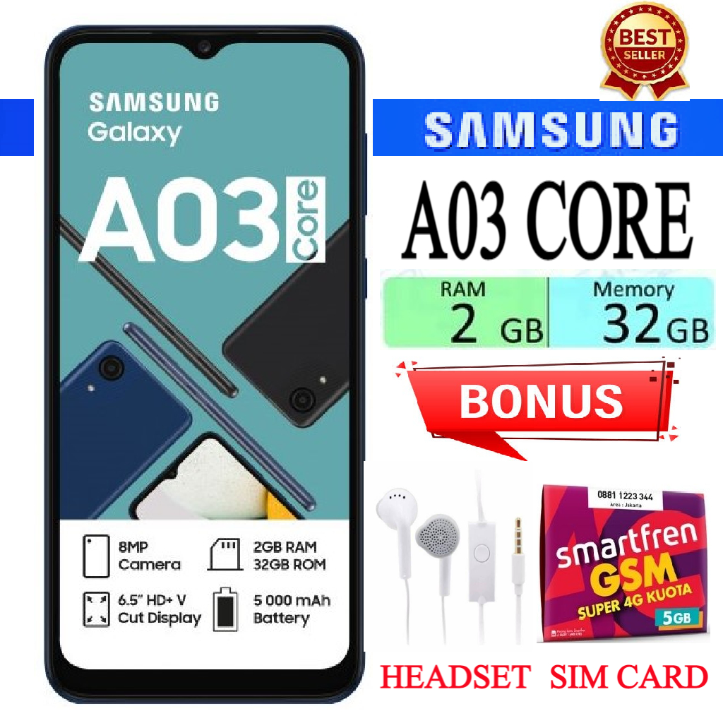 SALE!!!! Samsung Galaxy A03 CORE RAM 2GB ROM 32GB FULLSET Bergaransi - BIRU Harga 950,000 rupiah*Gratis Ongkir