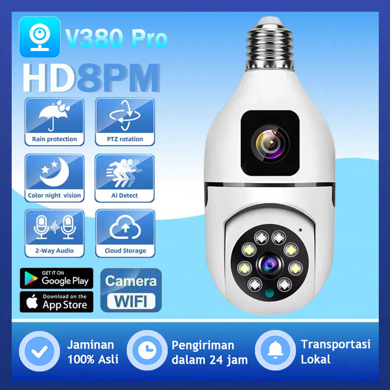 V380 Pro Cctv Camera Dual Lens Bulb Long Range 1080P Wifi Wireless Cctv Camera Night Vision Ptz Fhd Ip Camera Two-Way Audio Voice 360 ° Auto Tracking Harga 40,000 rupiah*Gratis Ongkir