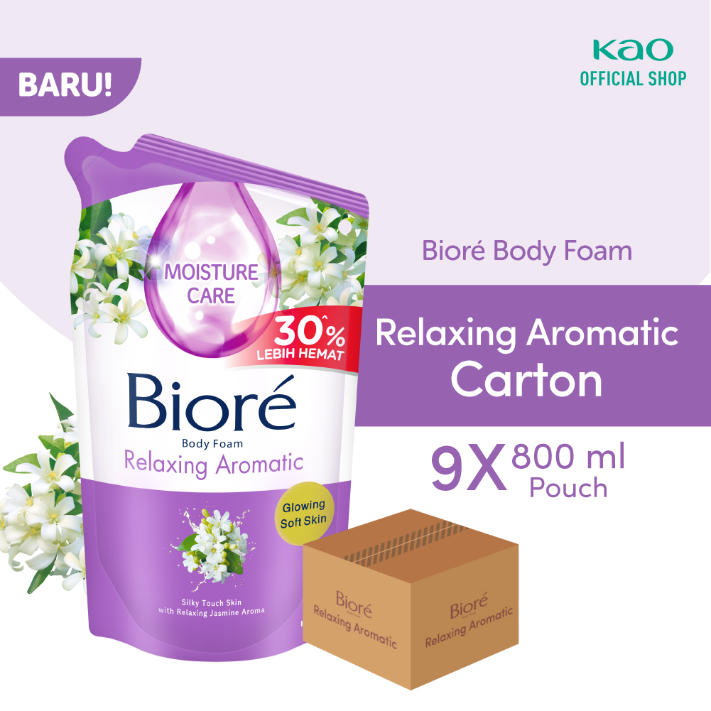 Biore Sabun Mandi Cair Body Foam Relaxing Aromatic Pouch 800ml isi 9 pcs [Karton] Harga  222,200 rupiah*Gratis Ongkir