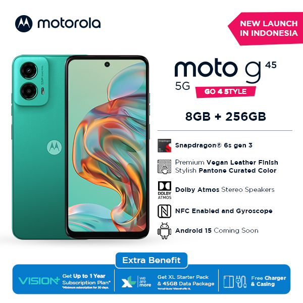 Motorola G45 5G 8+8/256GB - Up to 16GB Extended RAM - Snapdragon 6s Gen 3 - 6.5 inch Screen Size - Gorilla Glass 3 - 120Hz - 50MP Main Camera - 16MP Selfie Camera - 5000mAh - NFC - Dolby Atmos Stereo Speaker - Bonus Charger 20W & Clear Case Harga 2,398,000 rupiah*Gratis Ongkir