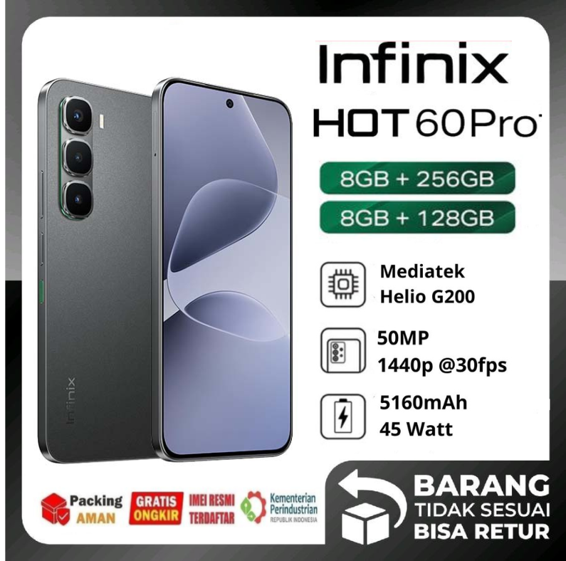 Infinix Hot 60 Pro 8/128GB - 8/256GB NFC up to 16GB extended RAM-bonus earphone & SIM card - Merek Infinix Harga 2,050,000 rupiah*Gratis Ongkir
