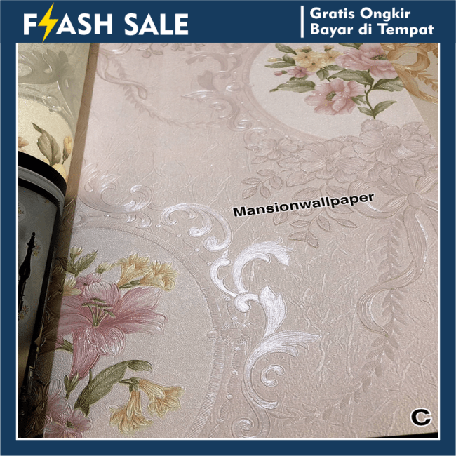 Wallpaper Dinding Bunga Shabby Bingkai Eropa Style Cream Silver Mewah