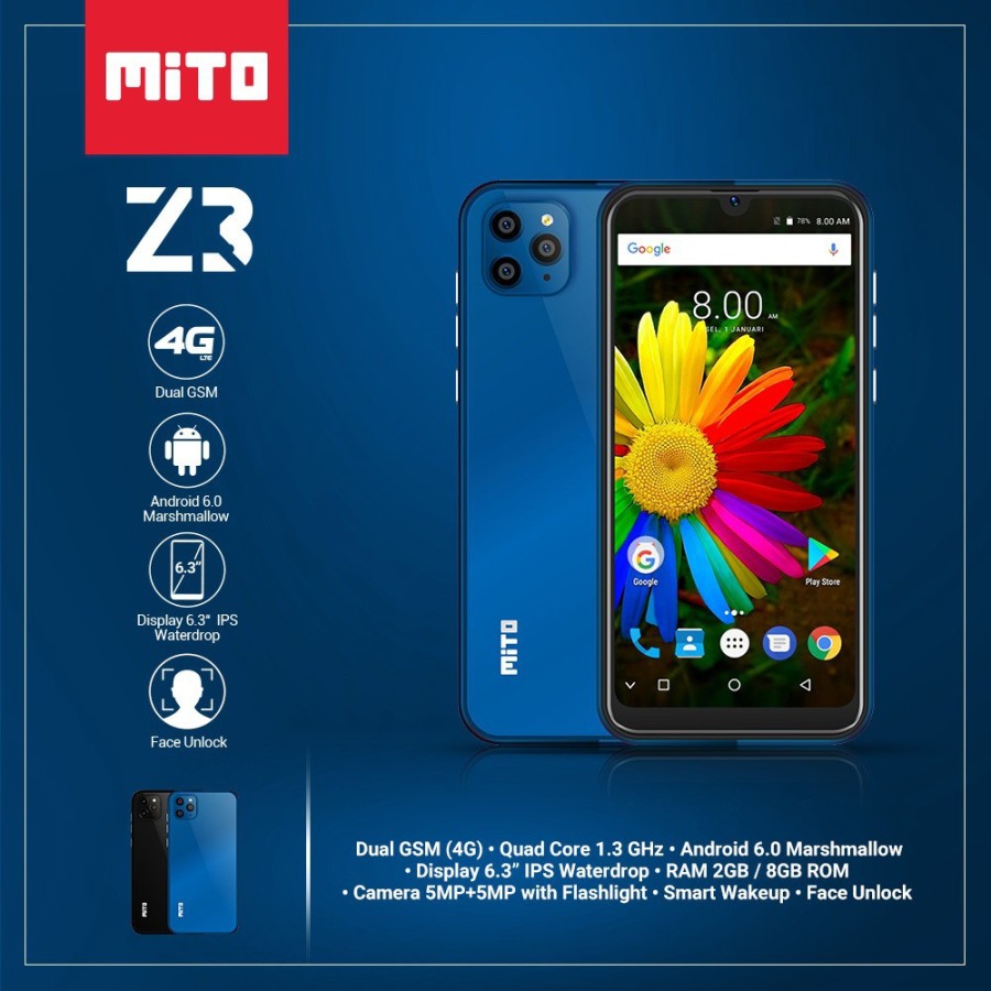 HP MITO Z3 RAM 2GB ROM 8GB- HP Android 4G 6,3" WATERDROP Harga 623,500 rupiah*Gratis Ongkir