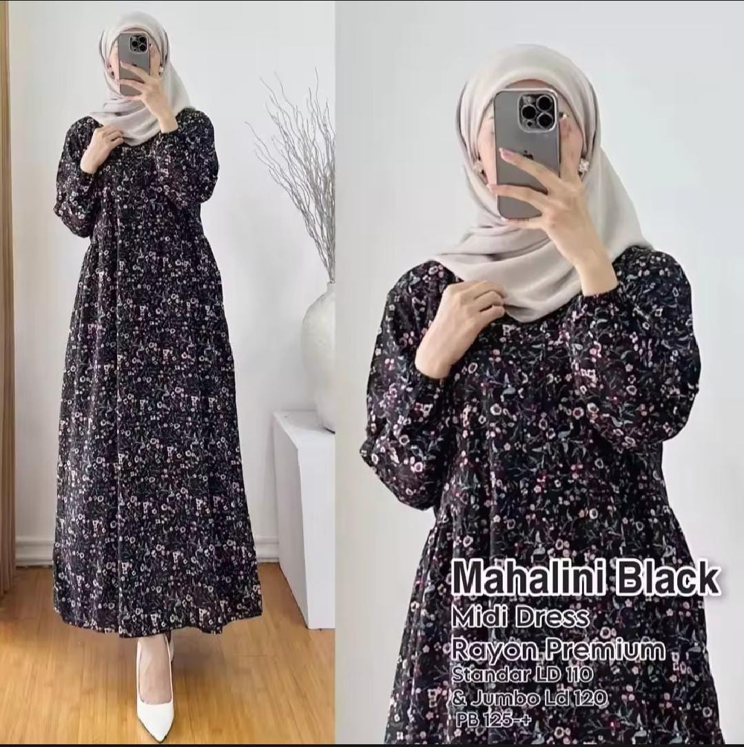 midi dress nibras gamis black dobby Black Dobby Dress With Waist Tie