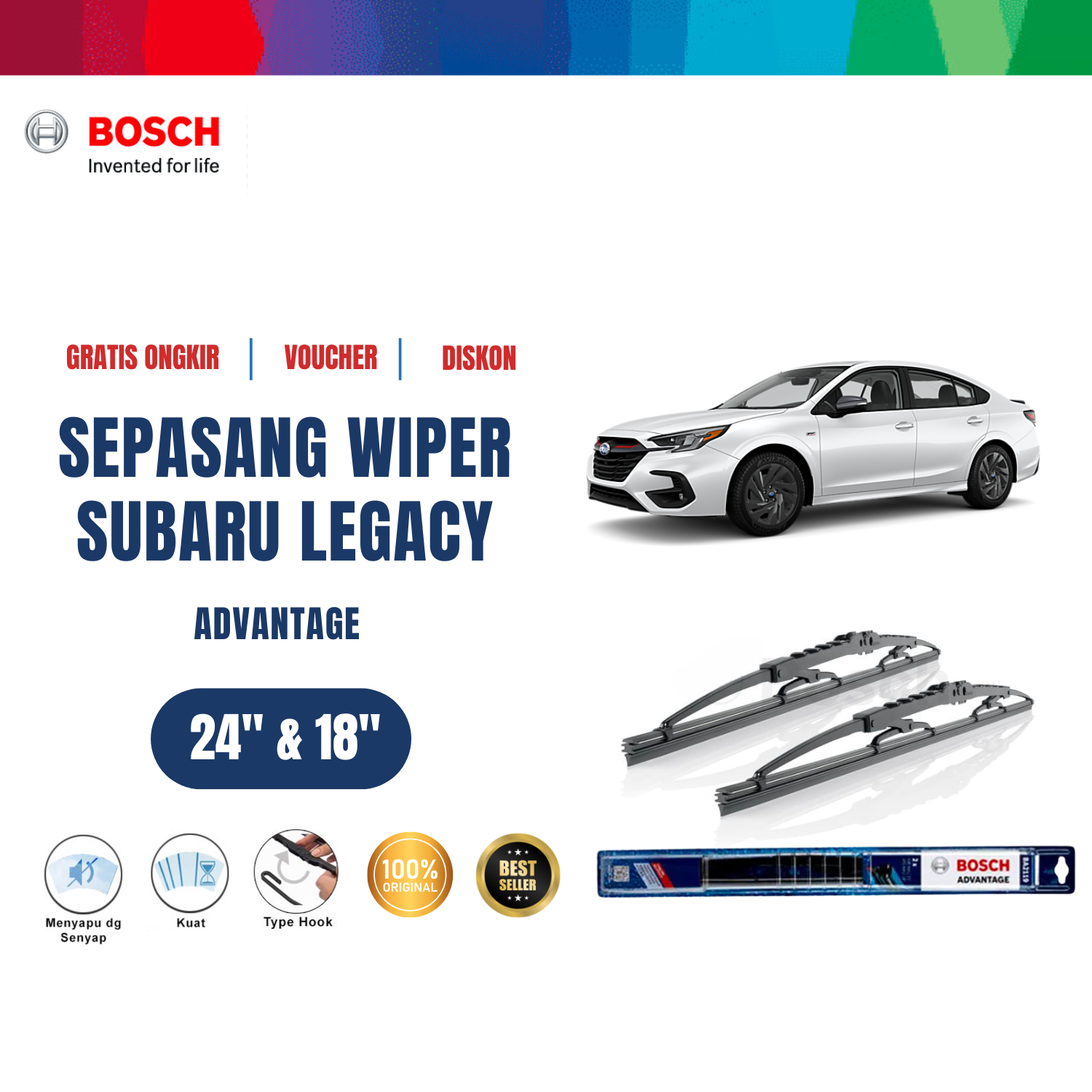 Bosch Sepasang Wiper Kaca Mobil Subaru Legacy 2003 sampai 2006 Advantage 24 dan 18 inchi Harga 137,955 rupiah*Gratis Ongkir