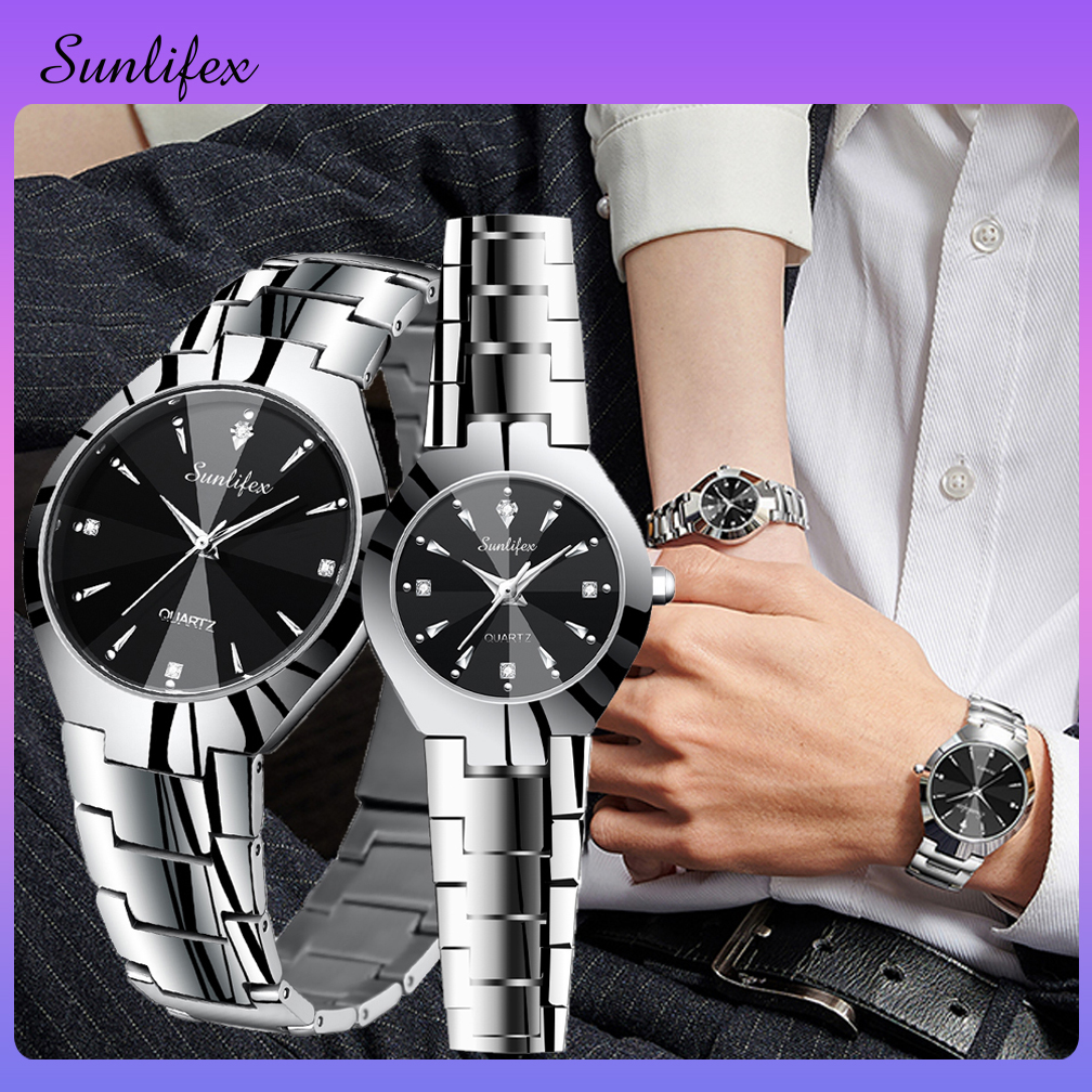SUNLIFEX Jam Tangan Couple Berlian Bisnis Kuarsa Jam Pria/Wanita Anti Air Jam Tangan Cewek/Cowok Free Box
