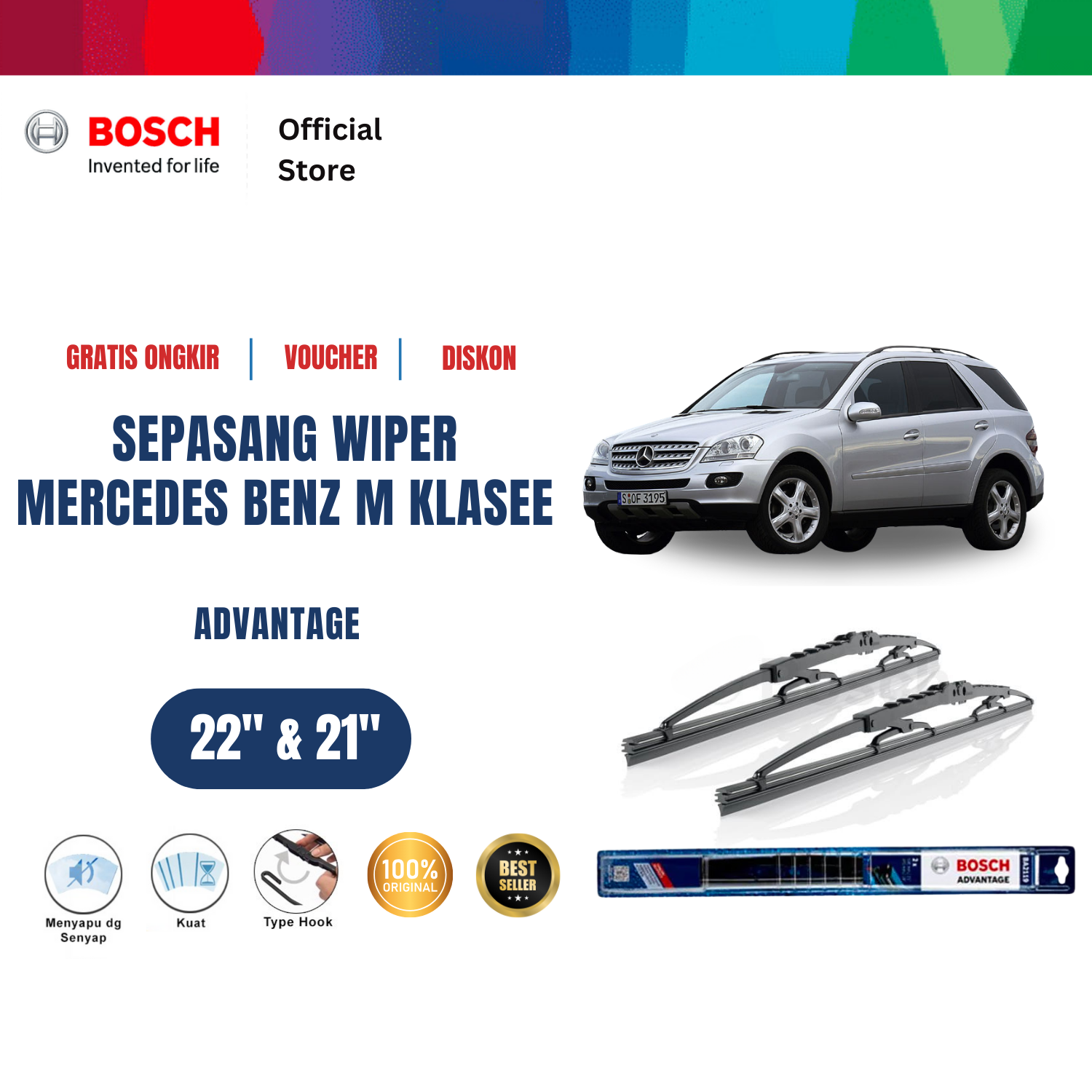 Bosch Sepasang Wiper Kaca Mobil Mercedez Benz M.Klasse 163 1999 sampai 2005 Advantage 22 dan 21 inchi Harga 148,410 rupiah*Gratis Ongkir