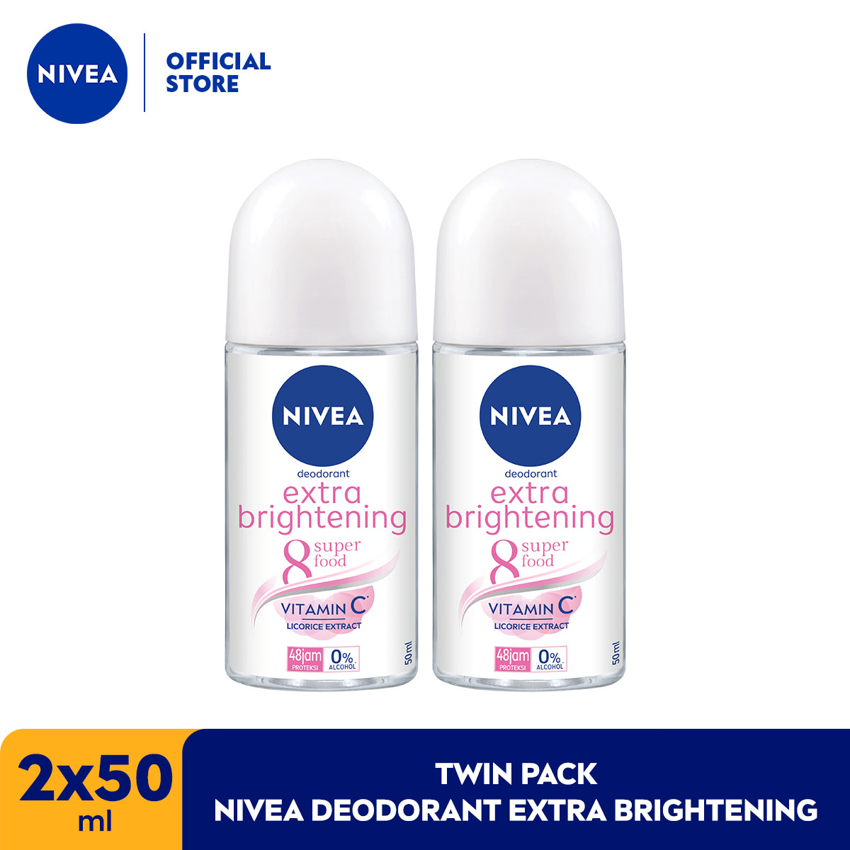 Lazada Indonesia - [2 pcs] NIVEA Deodorant Extra Brightening Roll On Twin Pack – 2 x 50ml