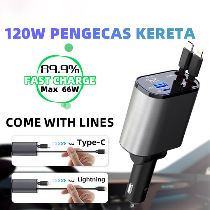 120W Car Charger Car Super Fast Charging Flash Charger, Telescopic Cable Car Charger 4 in 1 Compatible USB 2 Port Adapter Harga 95,060 rupiah*Gratis Ongkir
