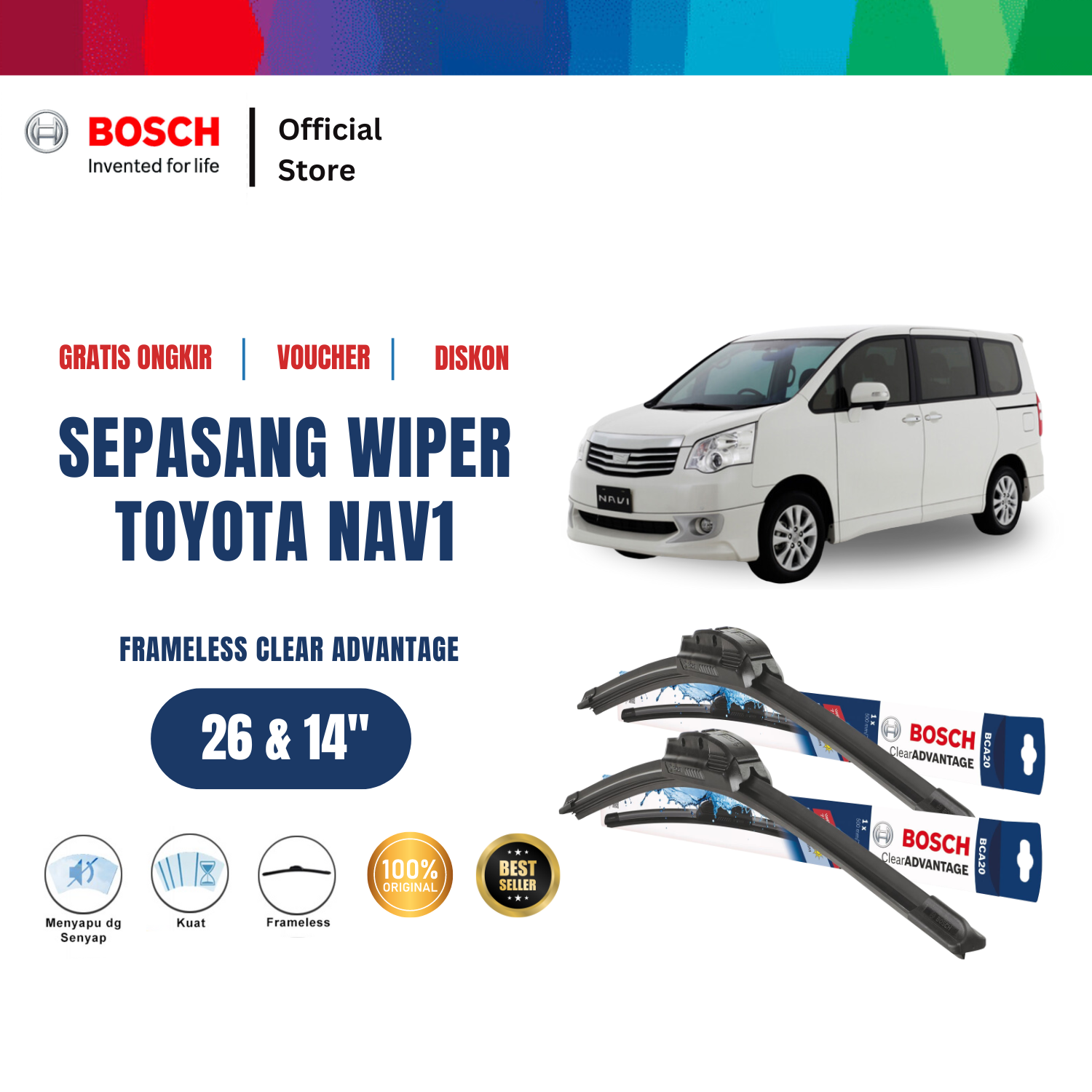 Bosch Sepasang Wiper Mobil Toyota Nav1 Frameless Clear Advantage 26 dan 14 Inci Harga 203,235 rupiah*Gratis Ongkir
