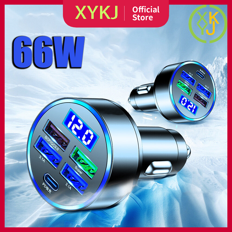 XYKJ Charger Mobil Car Charger Mobil Fast Charging 12-24V 66W Quick Charger LED Display Lima Ports Harga 37,999 rupiah*Gratis Ongkir