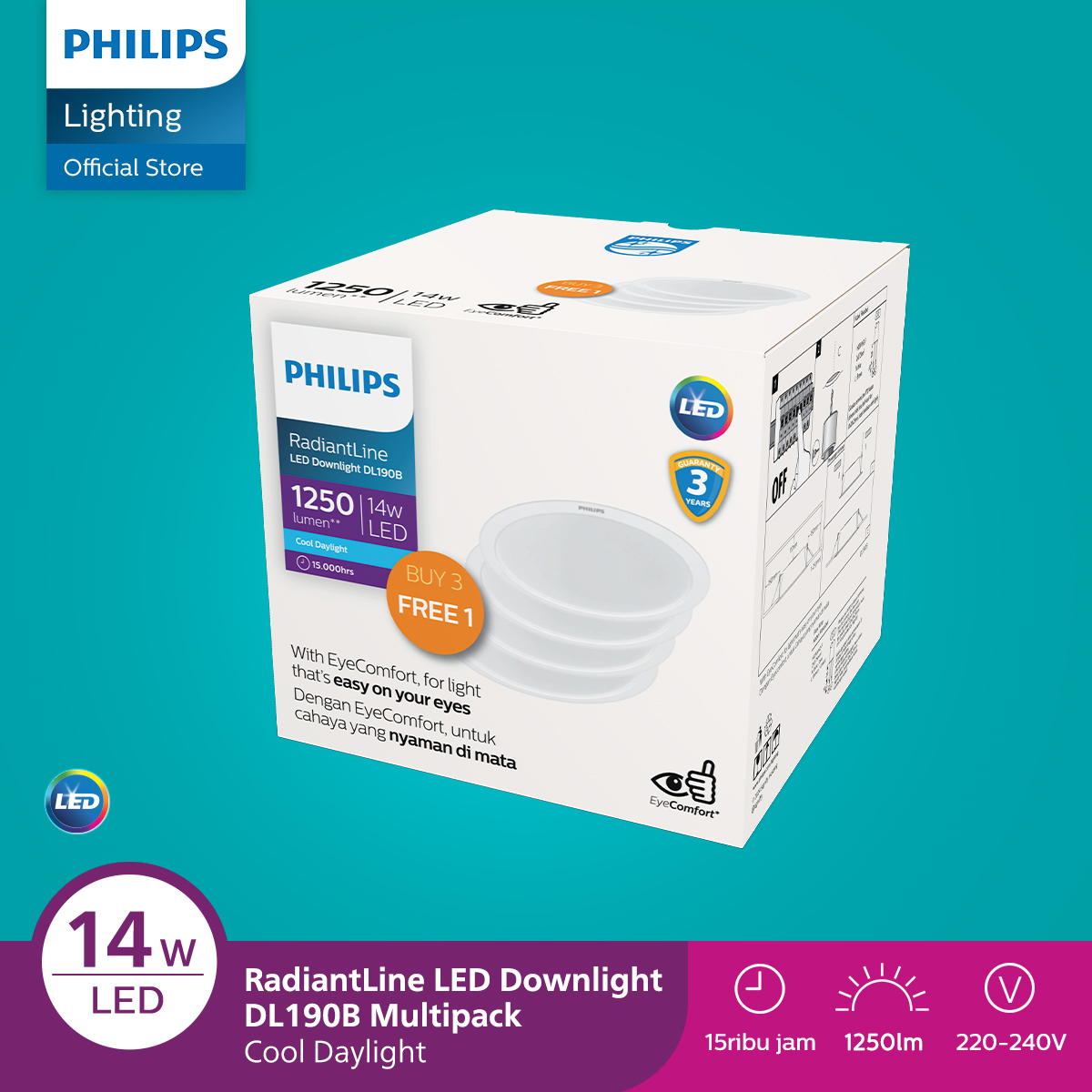 Lampu Philips LED Multipack isi 4 Lampu Panel Downlight Radiantline DL190B LED11 D150 14W 865 WH MP IDOL 6500K Harga  199,500 rupiah*Gratis Ongkir