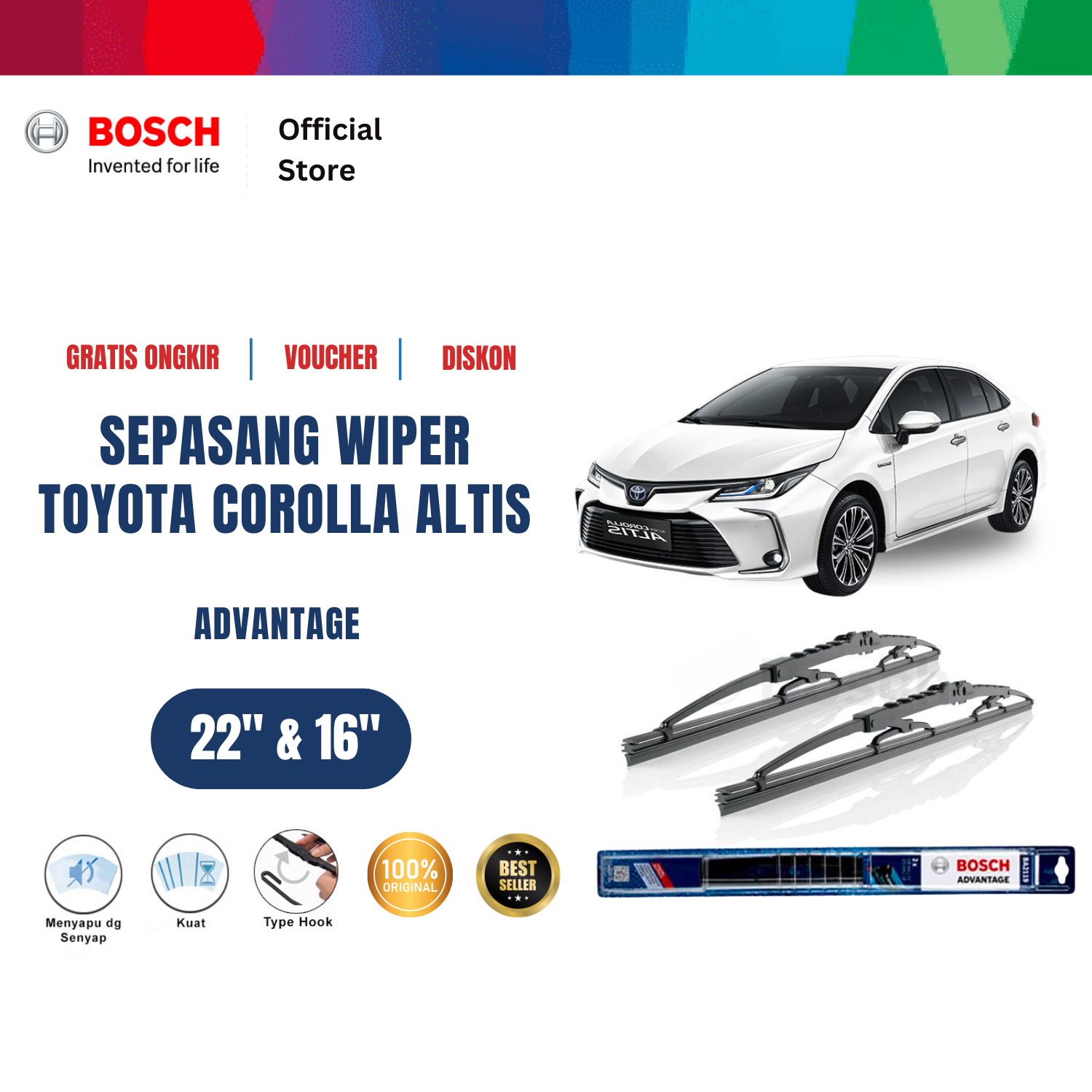 Bosch Sepasang Wiper Kaca Mobil Toyota Corolla Altis 2006 on Advantage 22 dan 16 inchi Harga 134,130 rupiah*Gratis Ongkir