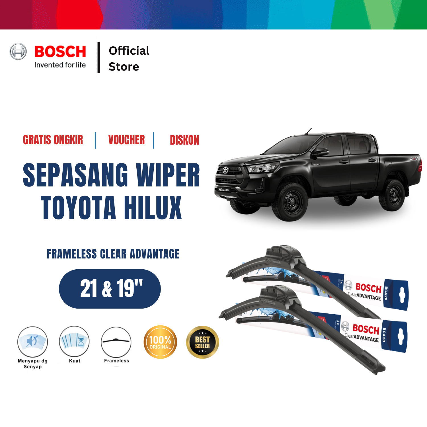 Bosch Sepasang Wiper Depan Frameless New Clear Advantage Mobil Toyota Hilux Size 21 dan 19 Inci - 2 pcs Harga 209,440 rupiah*Gratis Ongkir