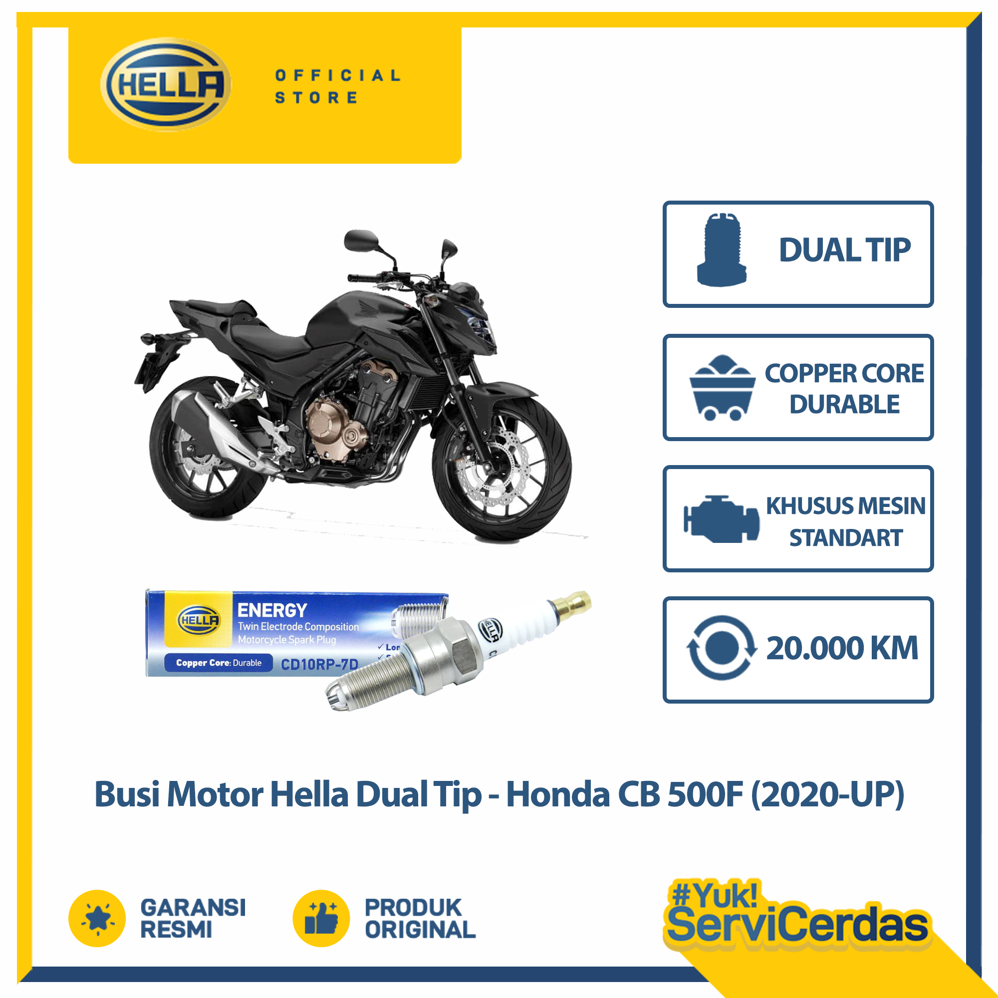 Busi Motor Honda CB500F 2020 up Hella Dual Tip CD10RP-7D - Busi CB500F Harga 25,000 rupiah*Gratis Ongkir