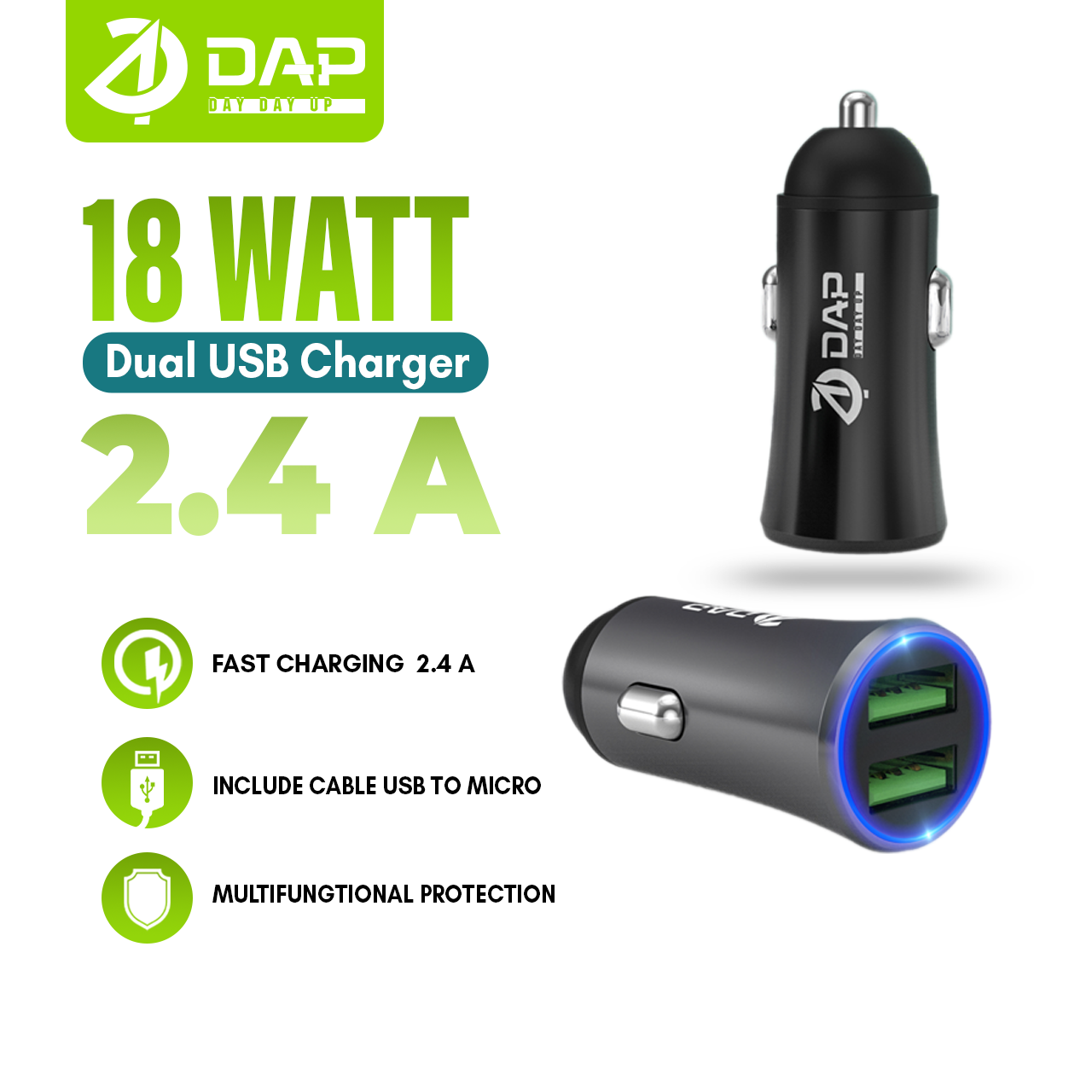 DAP D-CC2N Car Charger PD 18 watt 2.4A Dual Port USB Include Cable USB to Micro - Garansi 1 Tahun Harga 33,000 rupiah*Gratis Ongkir