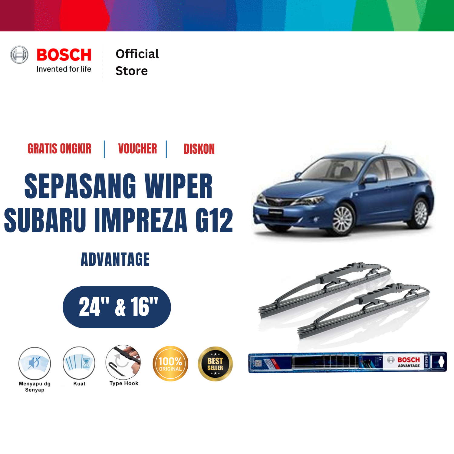 Bosch Sepasang Wiper Kaca Mobil Subaru Impreza G12 2007 sampai 2011 Advantage 24 dan 16 inchi Harga  134,130 Ringgit*Penghantaran Percuma