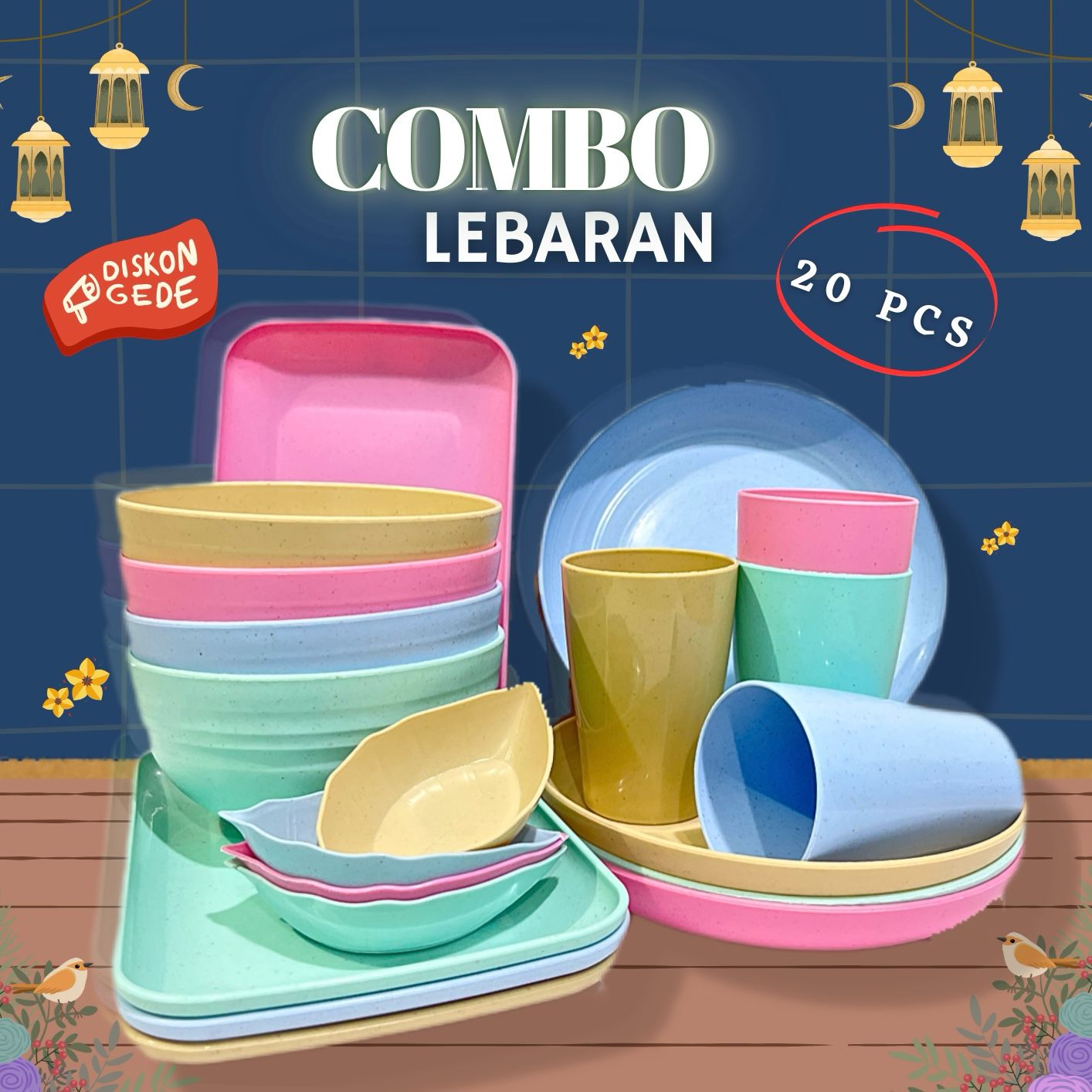 AZ SET 20 PCS Piring Mangkuk Gelas Mangkok Sambal Jerami Gandum Paket Alat Makan Minum Lengkap