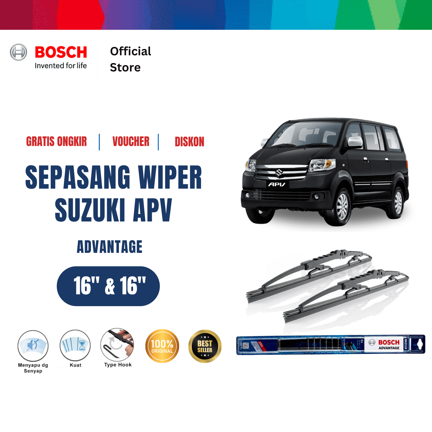 Bosch Sepasang Wiper Kaca Mobil Suzuki APV Advantage 16 dan 16 inchi Harga 110,755 rupiah*Gratis Ongkir