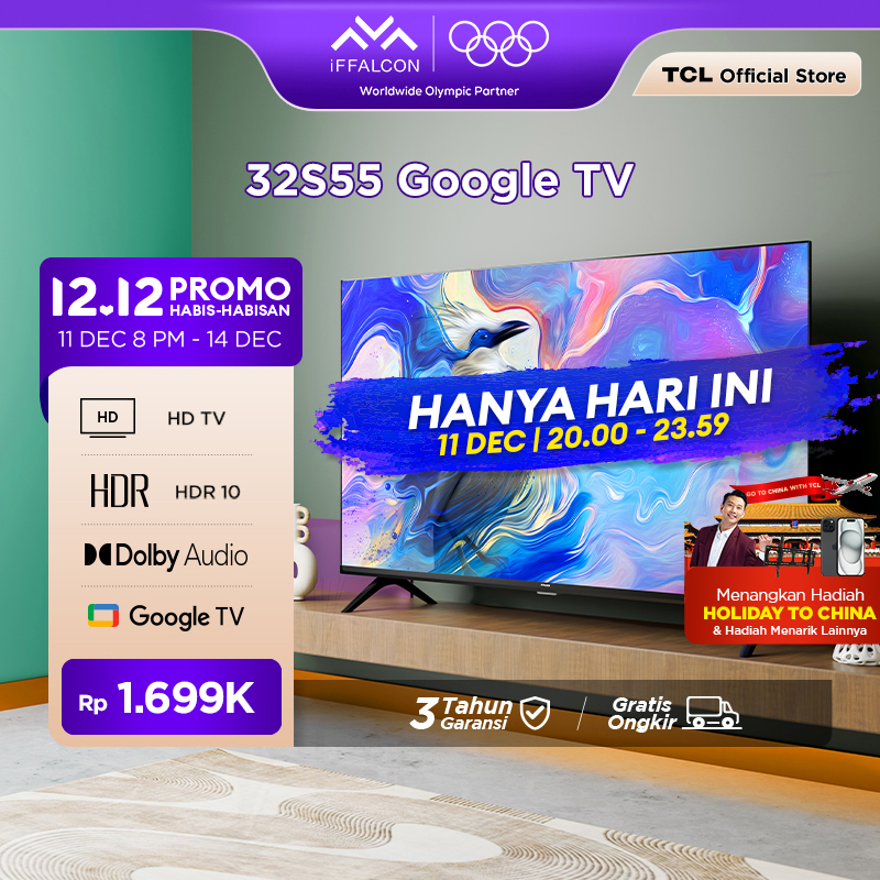 iFFALCON by TCL 32 inch S55 Series Google TV (Android 14) Smart Digital - HD - HDR 10 - Dolby Audio - Google Play/Netflix/YouTube/Disney+ Hotstar/Prime Video - WiFi/Bluetooth 24 - Merek iFFALCON Harga 1,699,000 rupiah*Gratis Ongkir