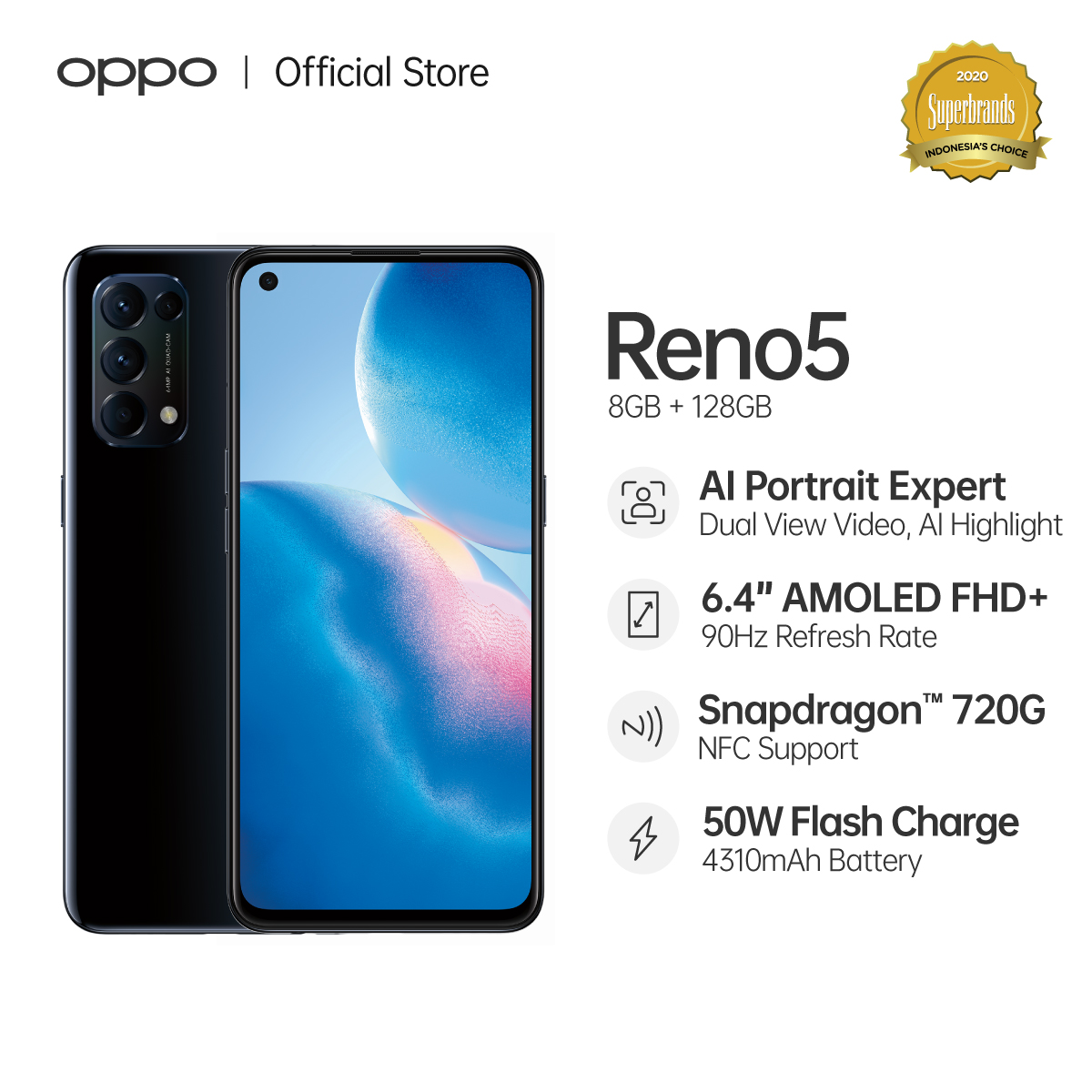 OPPO Reno5 8/128GB - 50W SuperVOOC - Quad Camera - NFC Supported - Dual-View Video