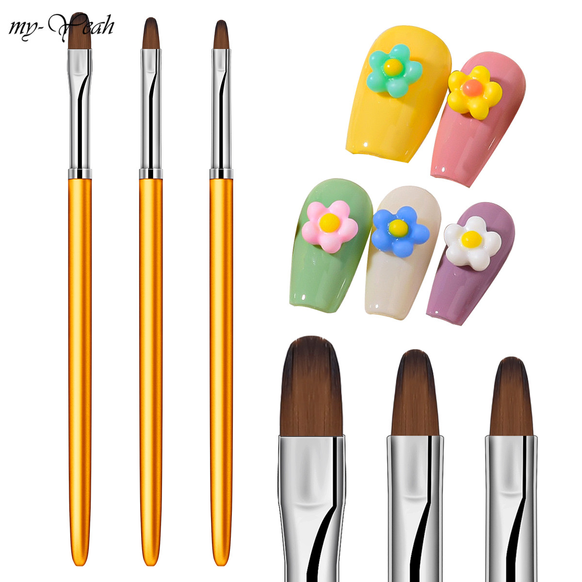 myyeah 3 Cái/bộ Dụng Cụ Làm Móng Nghệ Thuật Làm Móng Tay Bằng Kim Loại Dụng Cụ Làm Dài Gel UV Acrylic Cọ Vẽ Tranh Hoa Cánh Hoa, Công Cụ Làm Móng Tay