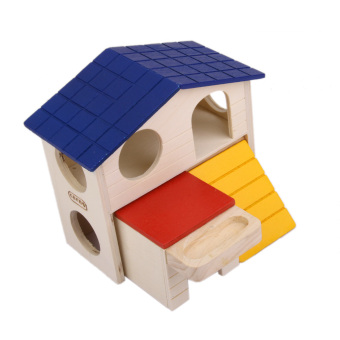 Gambar Double deck kayu alam rumah tangga tupai tikus mainan untuk Hamster