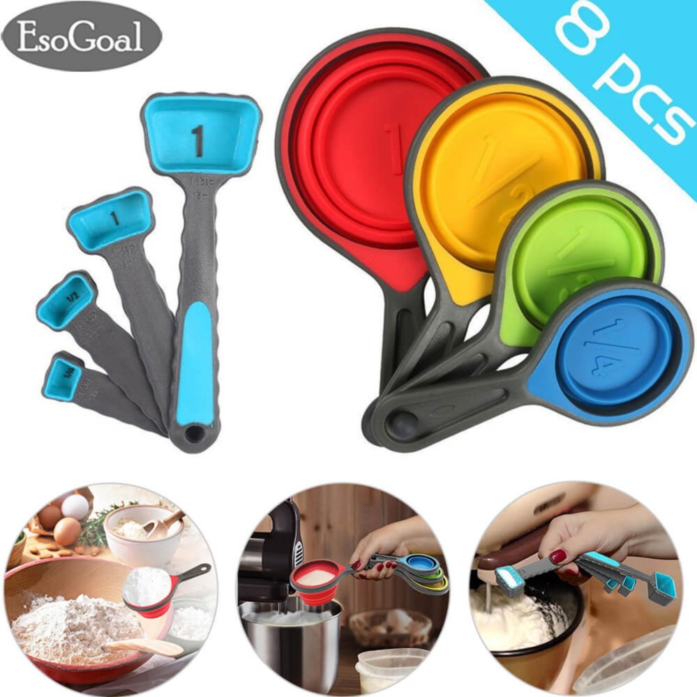 EsoGoal Cangkir And Sendok Ukur Set, Collapsible Measuring Cups, 8 Piece Silicone Dapur Mengukur Set Terukir Di Metrik/US Pengukuran For Kering And Bahan Cair