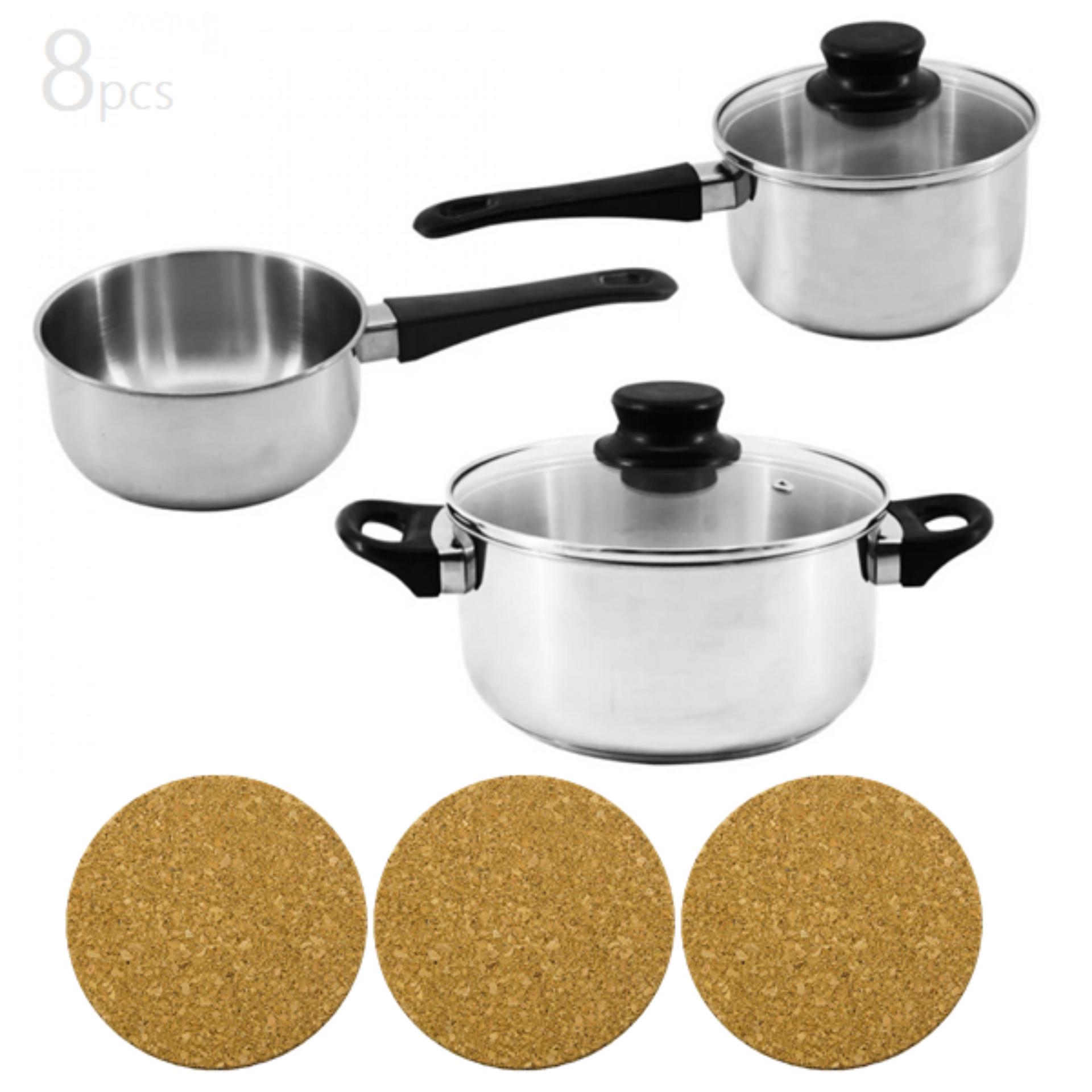 IKEA Paket 8 pcs Set Peralatan Masak (3 Panci Stainless Steel, 2 Penutup Kaca, 3 Alas Panci Anti Panas)