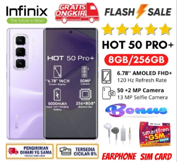 Infinix Hot 50 Pro+ 8/256GB - Up to Extended RAM - 5000 mAh 33W Fast Charging - Bergaransi - FULLSET Giá 2,295,000 Đồng*Miễn phí vận chuyển