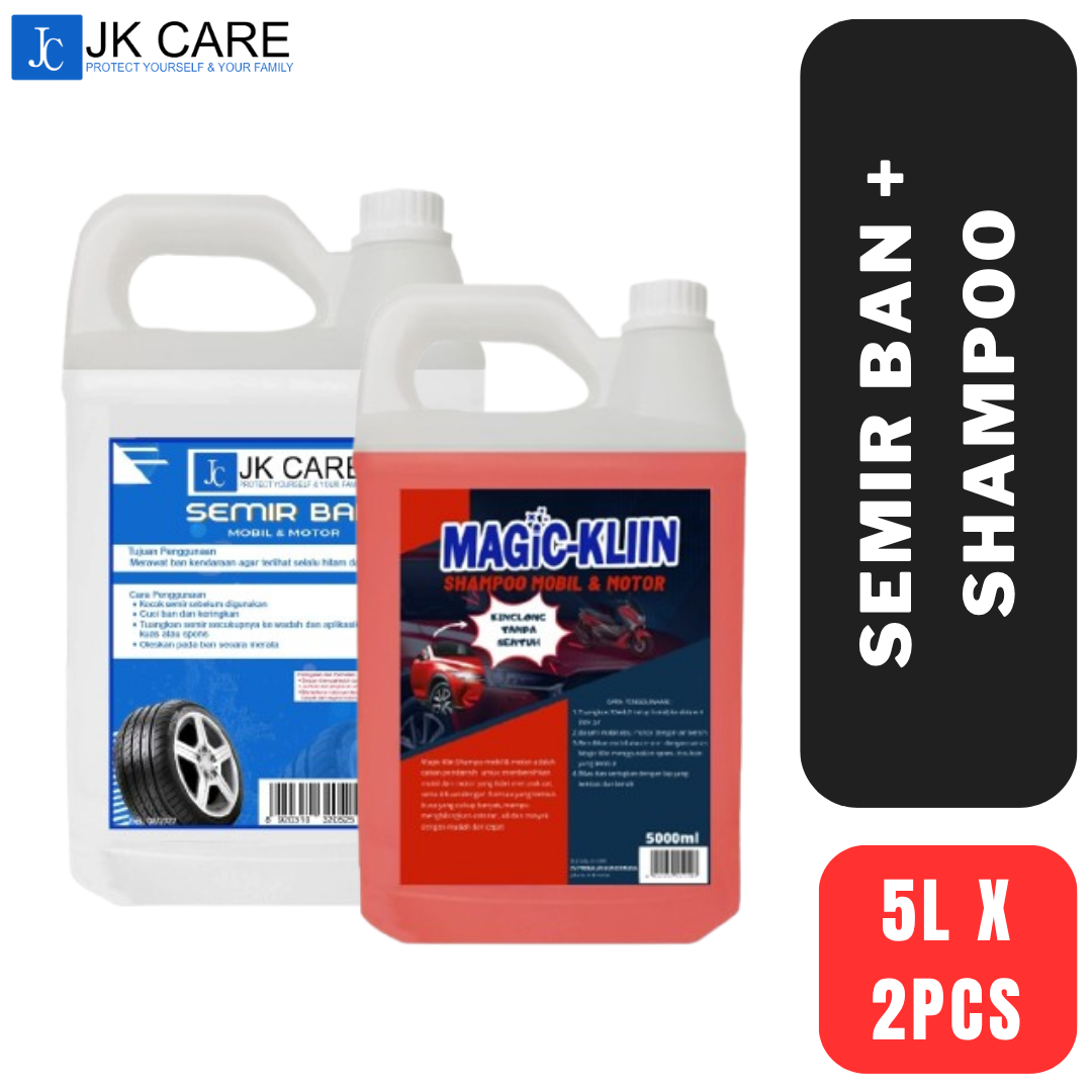 PAKET SHAMPOO & SEMIR BAN MOBIL MOTOR JK CARE 5L x 2 Touchless + Pengkilap Ban Harga 163,170 rupiah*Gratis Ongkir