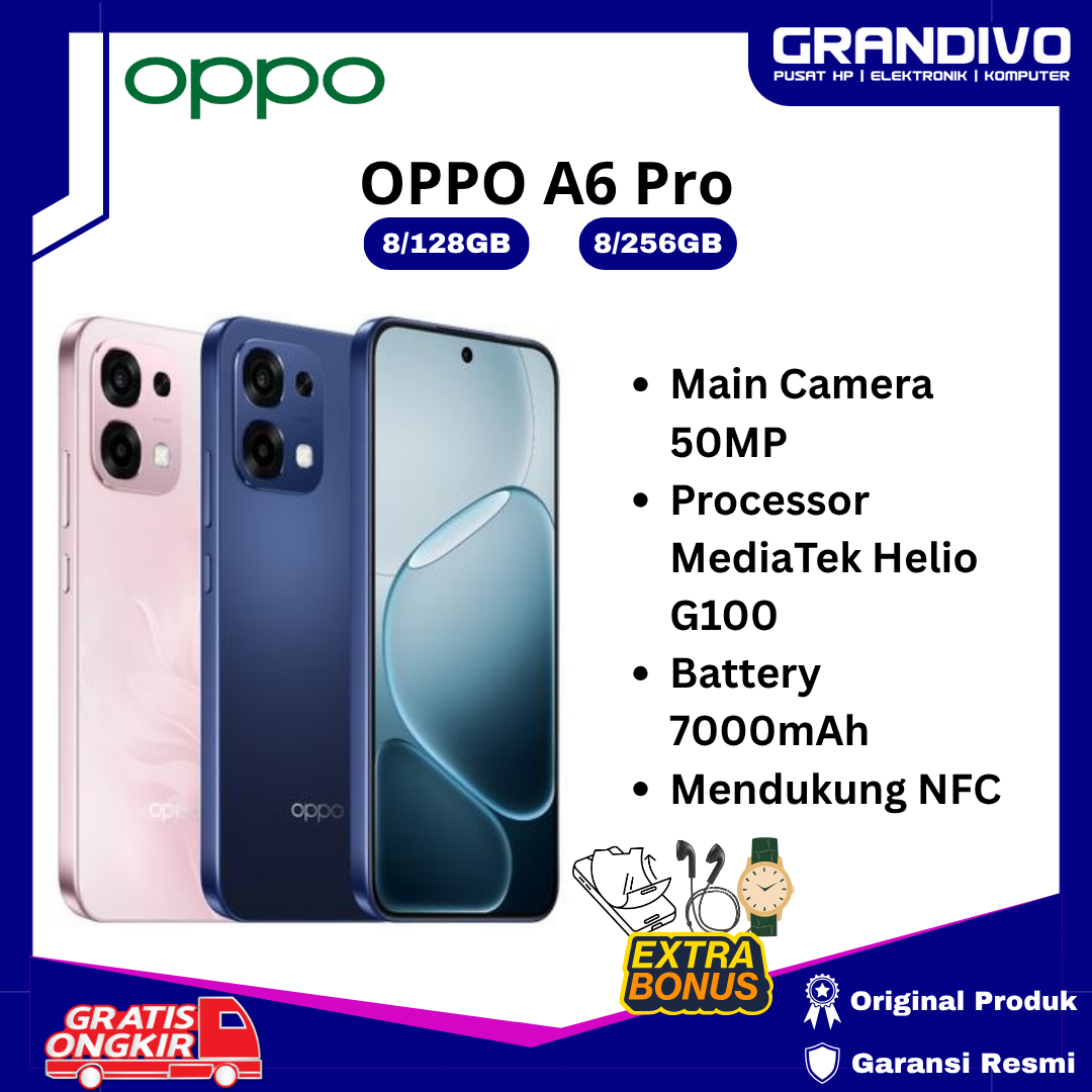 New Oppo A6 Pro 8/128GB | 8/256GB Processor Helio G100 | camera 50MP + 2MP official warranty-granvo Harga  3,887,500 Ringgit*Penghantaran Percuma