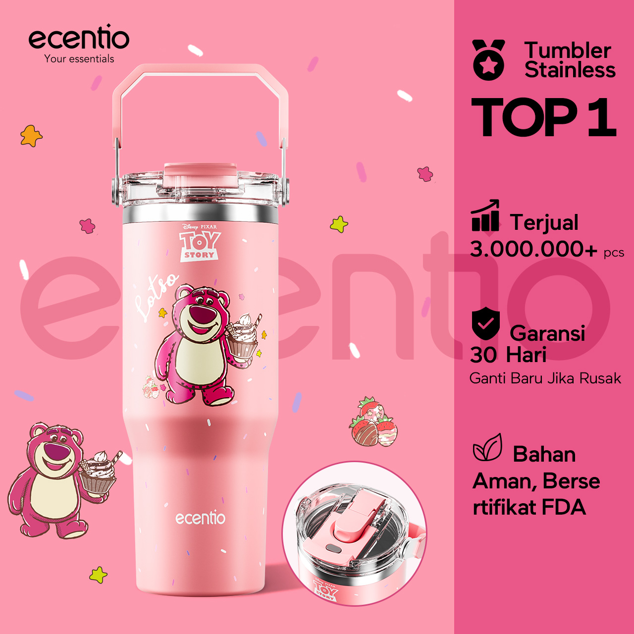 【20K Voucher】Ecentio Stainless Steel Tumbler Disney Lotso Cold-Resistant 24 Hours Bpa Free Coffee Thermos 900ml Stainless Steel Drinking Bottle 304 and Straw Harga 149,000 rupiah*Gratis Ongkir